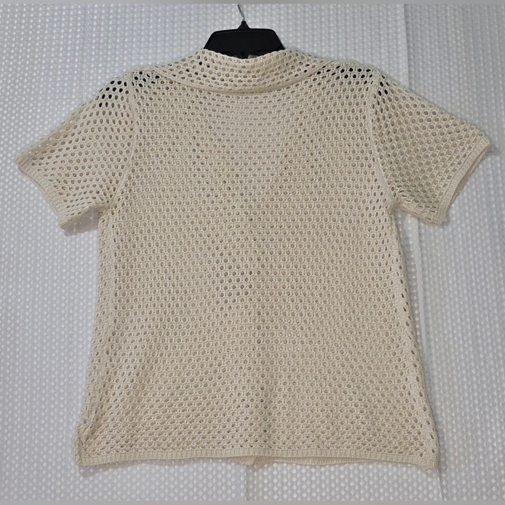 Vintage Inspired Crochet Top Cottagecore Boho Button Up Coastal Layering Shirt - Picture 7 of 8
